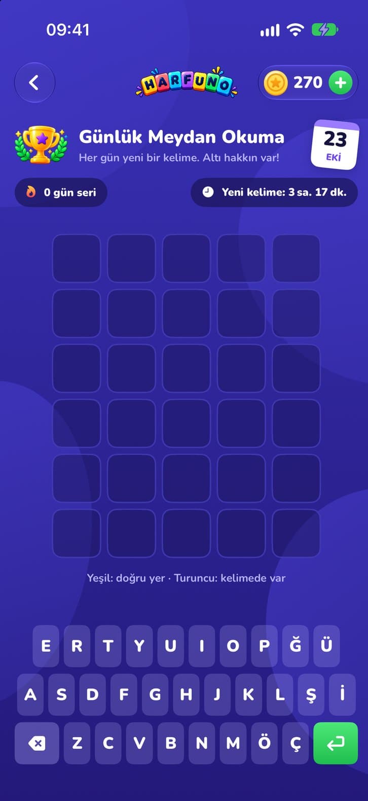 The daily challenge: a five-by-six grid and a Turkish keyboard.
