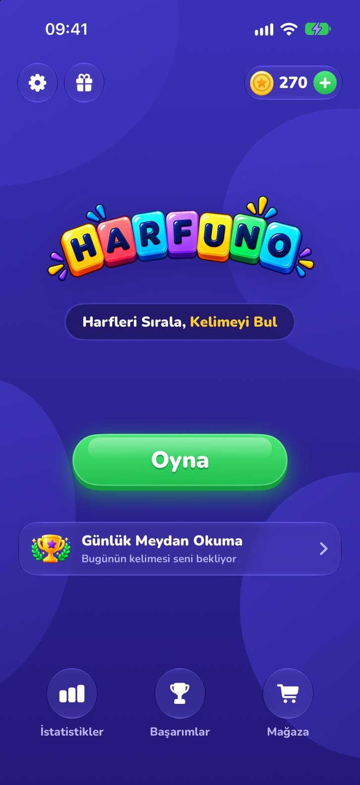 The Harfuno home screen: the colourful logo, the Play button and the daily challenge card.