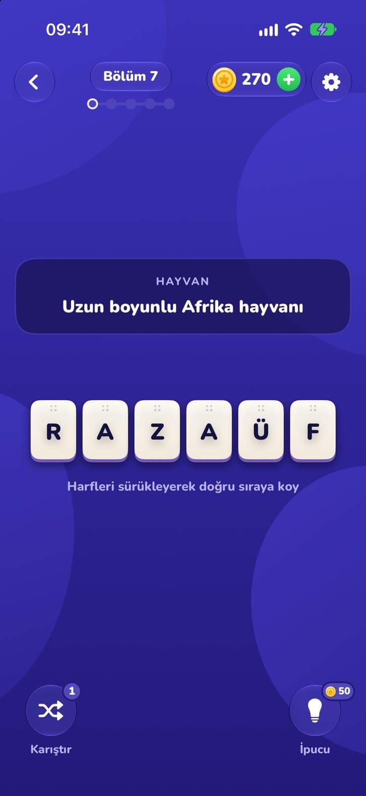 A word in play: the clue “Long-necked African animal” above the scrambled tiles R A Z A Ü F.