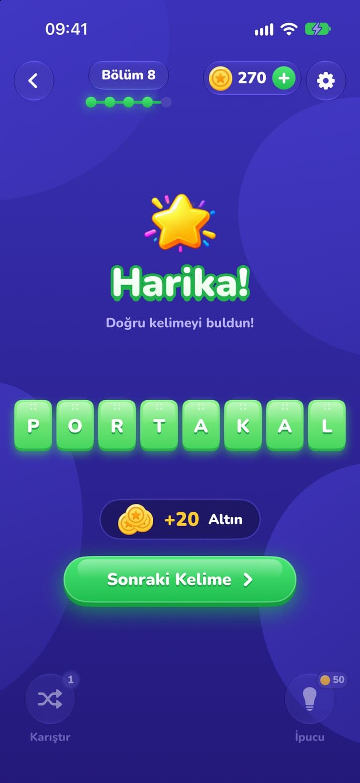 A solved word: green tiles spelling PORTAKAL under a gold star and “Harika!”, with +20 gold.