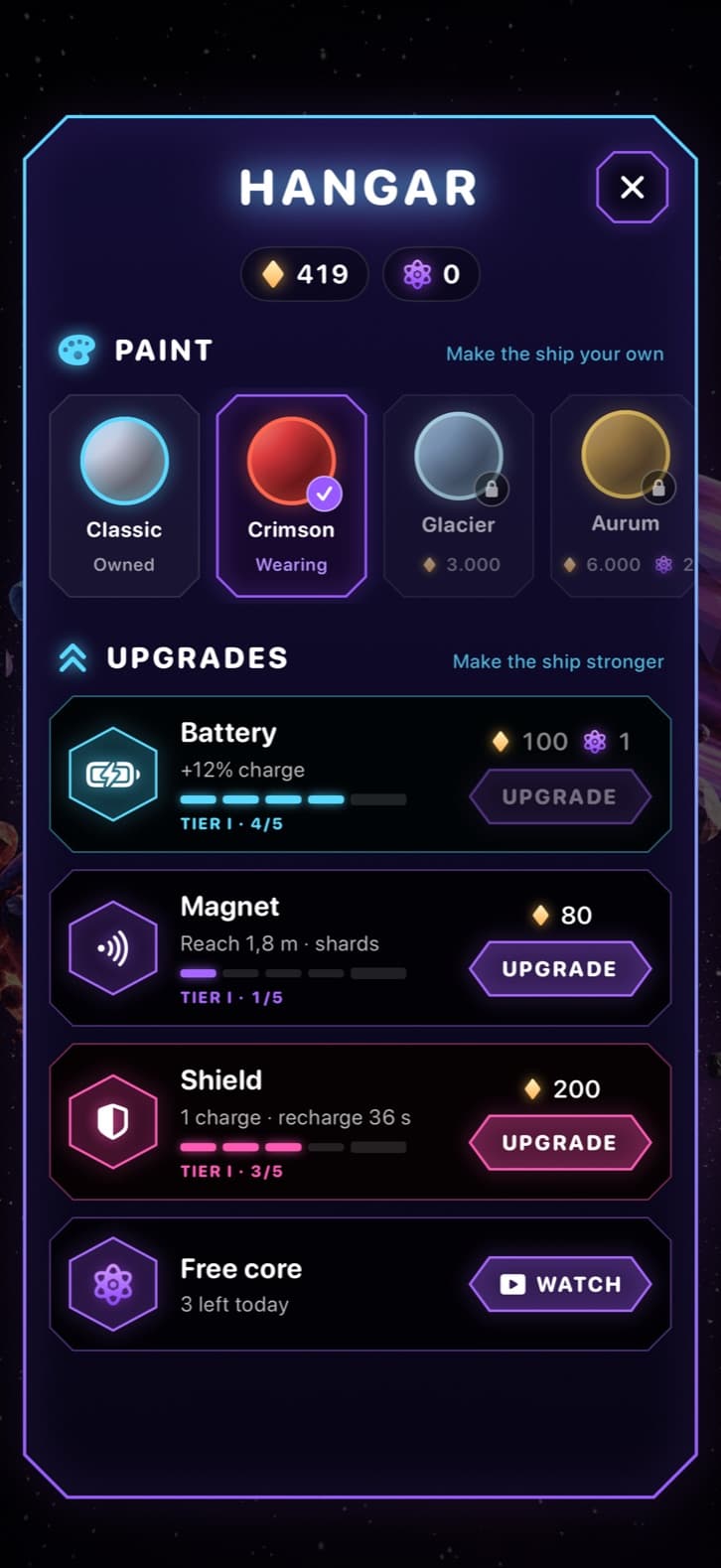 The hangar: paints for the ship, and battery, magnet and shield upgrades with their tiers and prices.