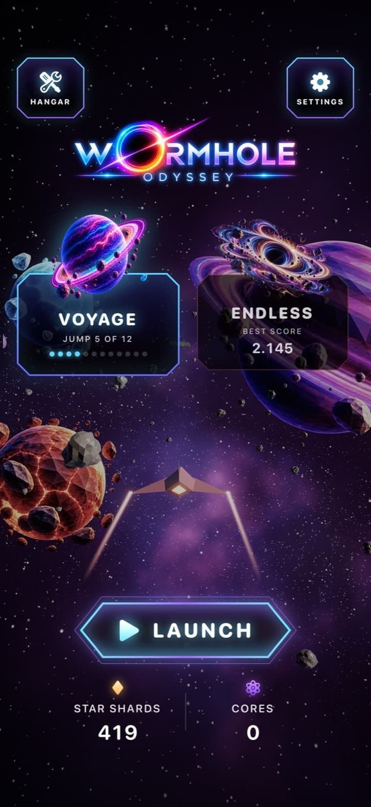 The title screen: the Wormhole Odyssey logo over open space, cards for Voyage and Endless, the ship, and the launch button.