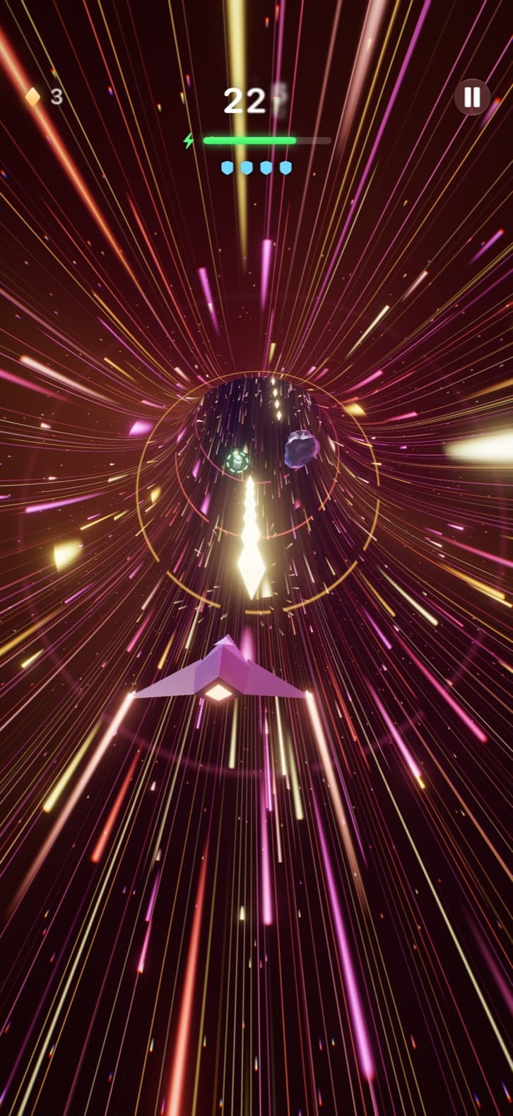 Inside the wormhole: the ship racing down a tunnel of streaking light toward a trail of star shards, with the score and power gauge above.